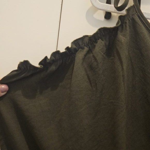 Surplice High Waist Cold Shoulder Strap Jumpsuit Wmn's M Olive Green Flattering - Picture 5 of 9